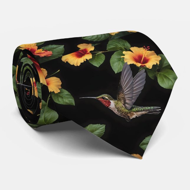 Cravate Colibri Et Hibiscus Jaunes, (Roulé)