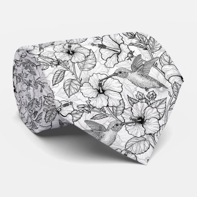 Cravate Colibris et fleurs d'hibiscus b&w (Roulé)
