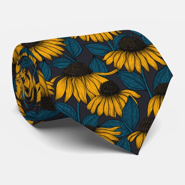Cravate Confleurs jaunes sur bleu foncé (Roulé)