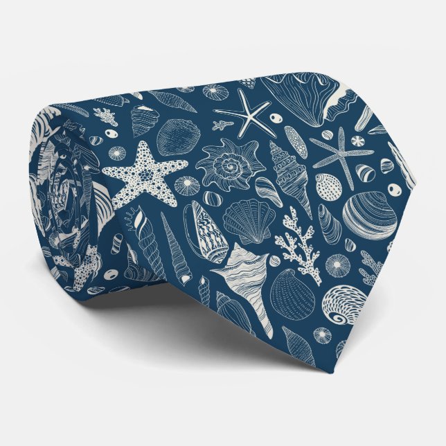 Cravate Coques de mer sur bleu foncé (Roulé)