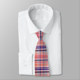 Cravate Corail clair, Bleu marine, Madras Preppy Blanc Pla