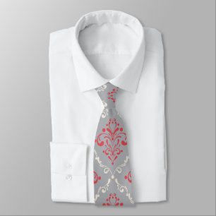 Cravate Corail rouge et crème Damask sur gris argenté
