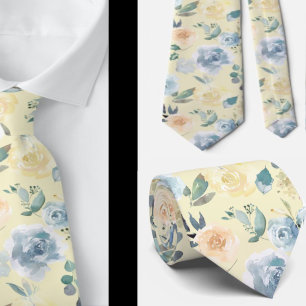 Cravate Cou d'aquarelle bleu et crème fleurie Rose