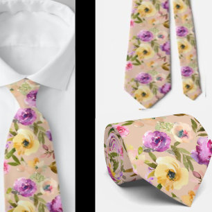 Cravate Cou d'aquarelle fleuri rose-jaune printanier