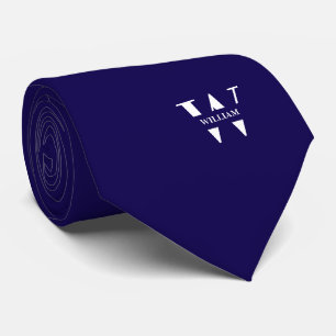 Cravate Couleur Bleu Profond Élégant Monogramme + Nom