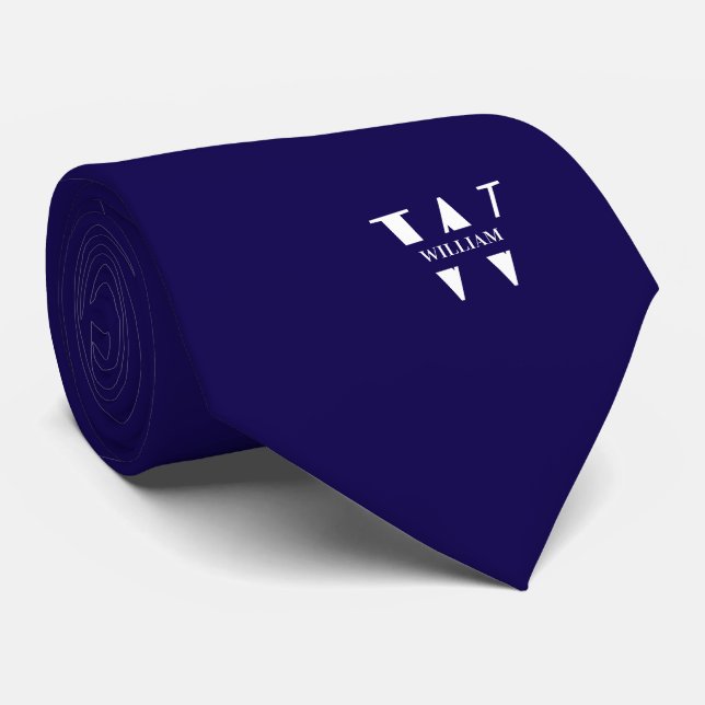 Cravate Couleur Bleu Profond Monogramme Élégant + Nom (Roulé)