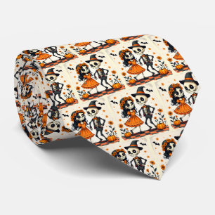 Cravate Couple de squelette d'Halloween mignon en orange