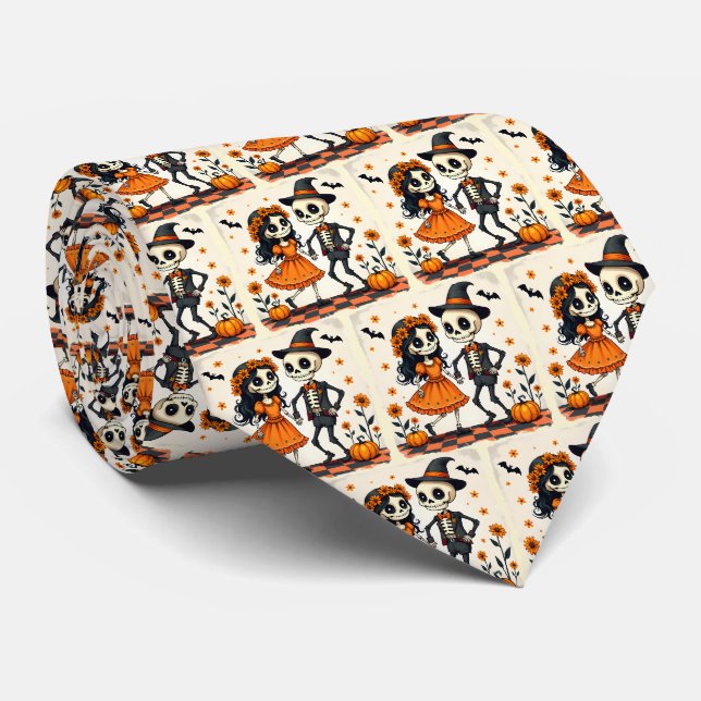 Cravate Couple de squelette d'Halloween mignon en orange (Roulé)