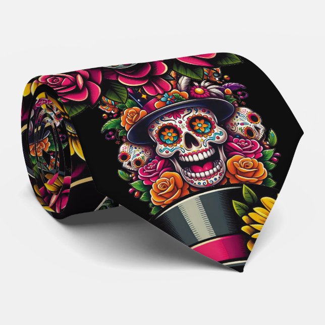 Cravate Crâne à sucre Art - Chapeau supérieur Fiesta flora (Roulé)