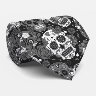Cravate Crâne de sucre noir à motif floral ornemental