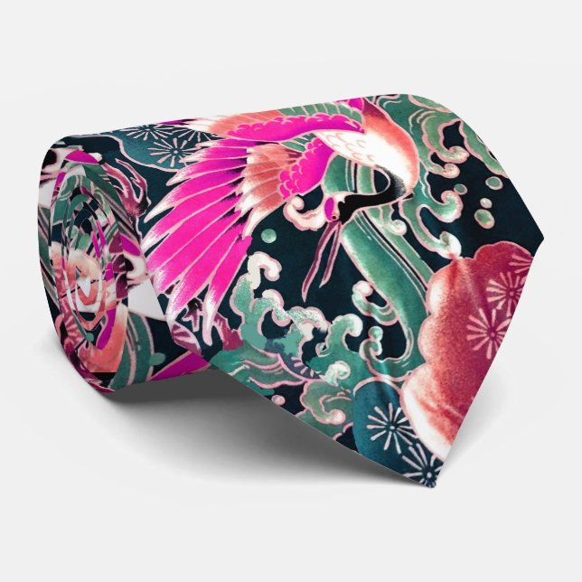 Cravate CRANES DE VOL, VAGUES, FLEURS Rose Japonais Floral (Roulé)