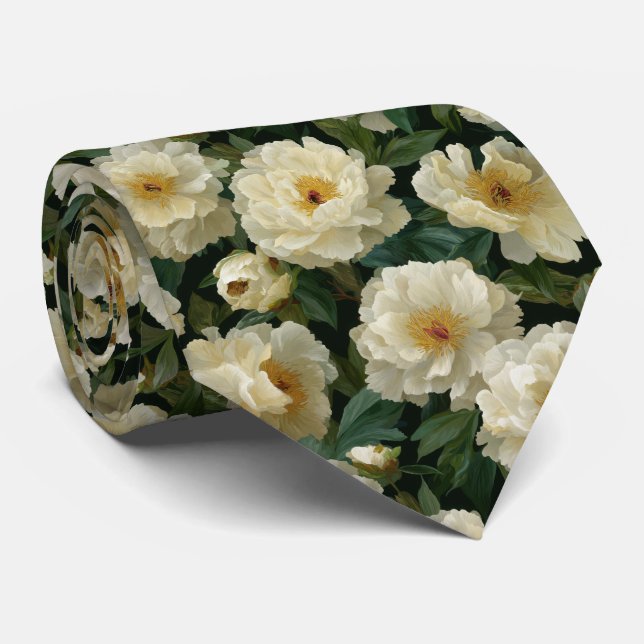 Cravate Cream White Peony Floral Pattern (Roulé)