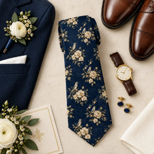 Cravate Crème Chinoiserie Oiseau et Pivoine sur Indigo Nav