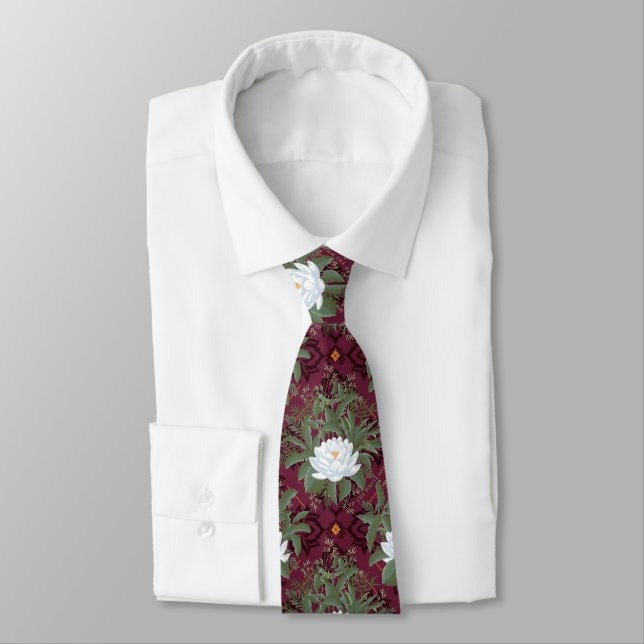 Cravate Crimson Lotus Elegance Motif - Le Lotus Blanc (Attaché)