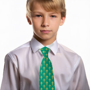 Cravate Croix Religieuse Émeraude Vert Or Faux Communion 