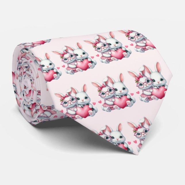 Cravate Cute Bunnies Sharing a Heart Pattern (Roulé)