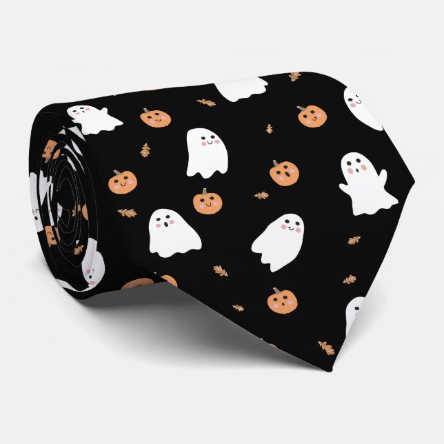 Cravate Cute Fantôme et Citrouille Motif d'Halloween noir (Roulé)