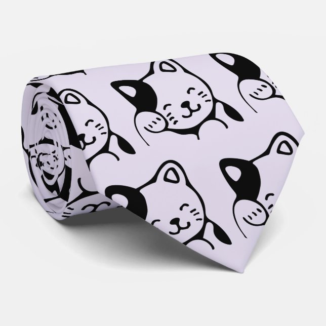 Cravate Cute noir et blanc Kitty Chat Waving Bonjour (Roulé)