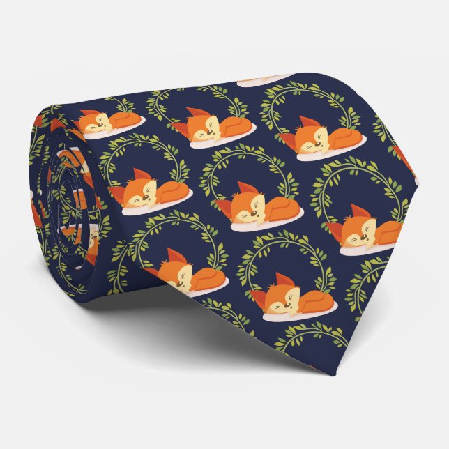 Cravate Cute Renard orange avec Motif de couronne de feuil (Roulé)