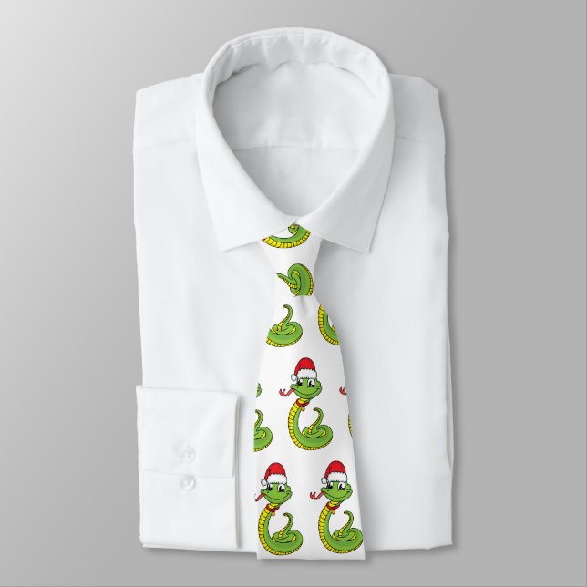 Cravate Cute serpent vert avec chapeau santa dessin animé (Attaché)