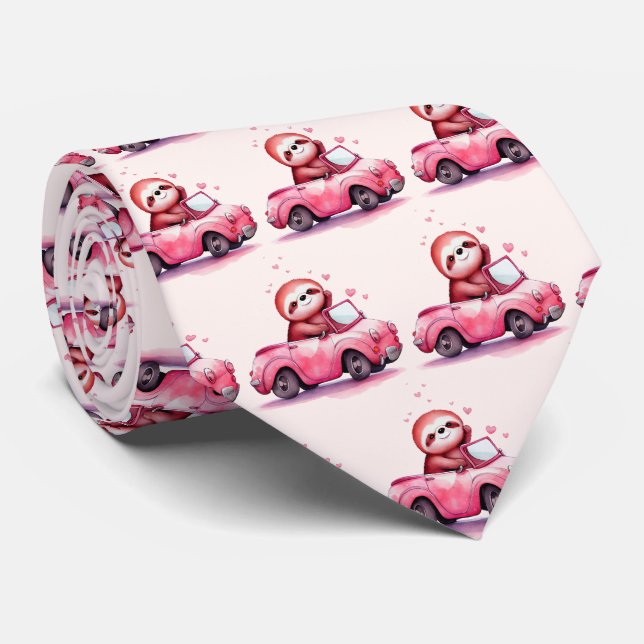 Cravate Cute Sloth Driving a Pink Convertible Pattern (Roulé)