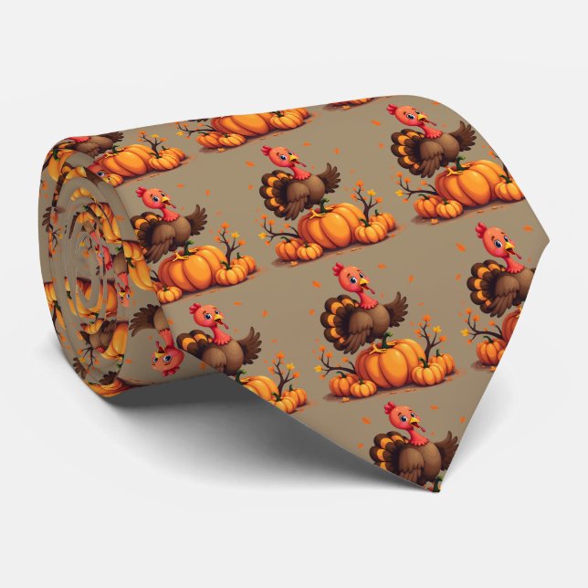 Cravate Cute Thanksgiving Turkey Autumn Pumpkins Scene (Roulé)