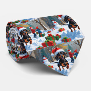 Cravate Dachshund courant dans la neige avec un chapeau de
