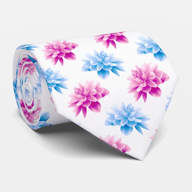 Cravate Dahlia Rose, Dahla Bleue, Motif Floral, Fleurs (Roulé)