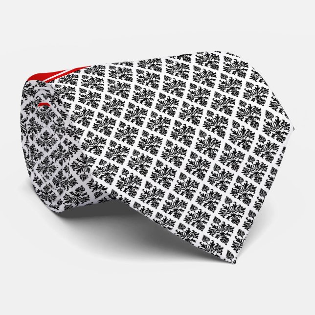 Cravate Damask noir Blanc #3 Red Name Monogram (Roulé)