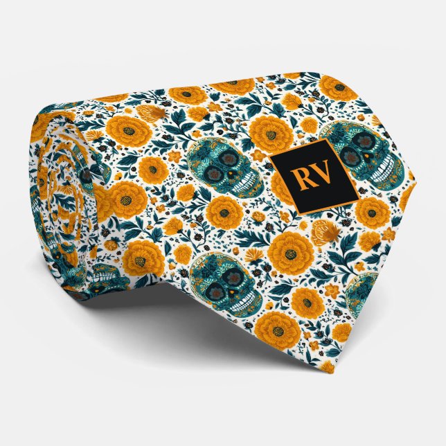 Cravate Day of the Dead Teal Skulls with Yellow Marigolds (Roulé)