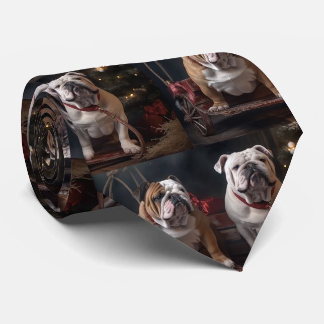 Cravate Décor de Noël Bulldog Snowy Sleigh (Roulé)