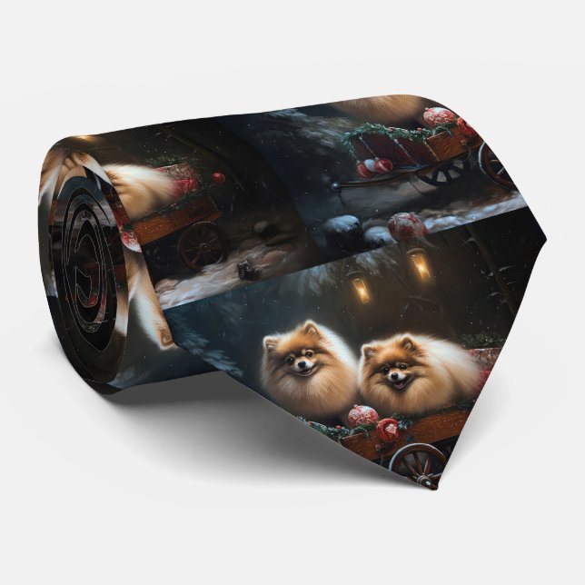 Cravate Décor de Noël Poméranien Snowy Sleigh (Roulé)