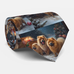 Cravate Décor de Noël traîneau enneigé Chow Chow