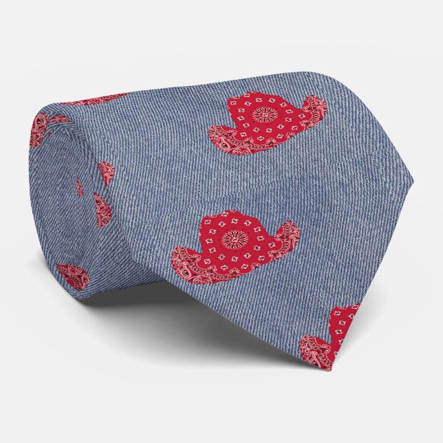 Cravate Denim Imprimer avec Red Bandana Cowboy Casquettes  (Roulé)