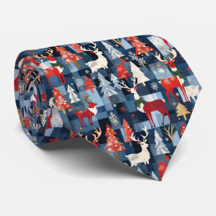 Cravate Denim Patchwork Plaid Arbres de Noël et rennes