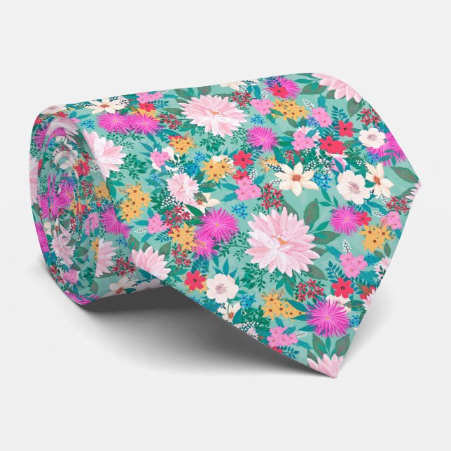 Cravate Design floral de peinture rose et menthe (Roulé)