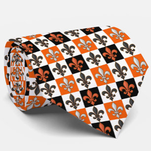 Cravate Design Orange Noir Blanc À damiers Fleur de lis
