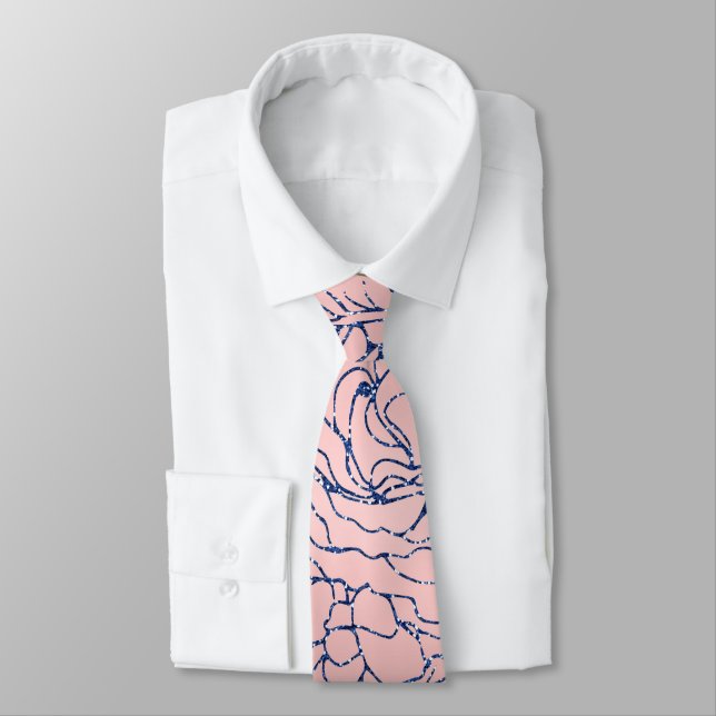 Cravate Design stylé métal marine bleu et rose floral (Attaché)