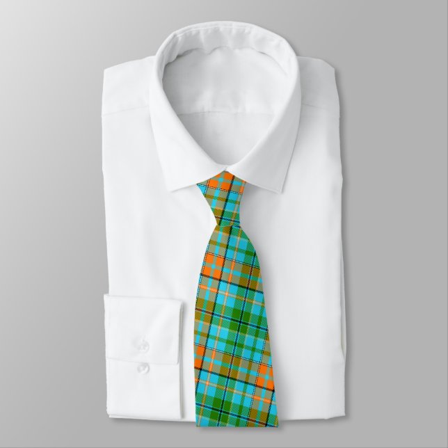 Cravate Dessin à carreaux Tartan bleu orange vert  (Attaché)