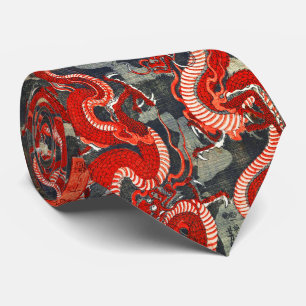 CRAVATE DEUX DRAGONS BOIS JAPONAIS COUPÉ EN BLEU ROUGE BLA