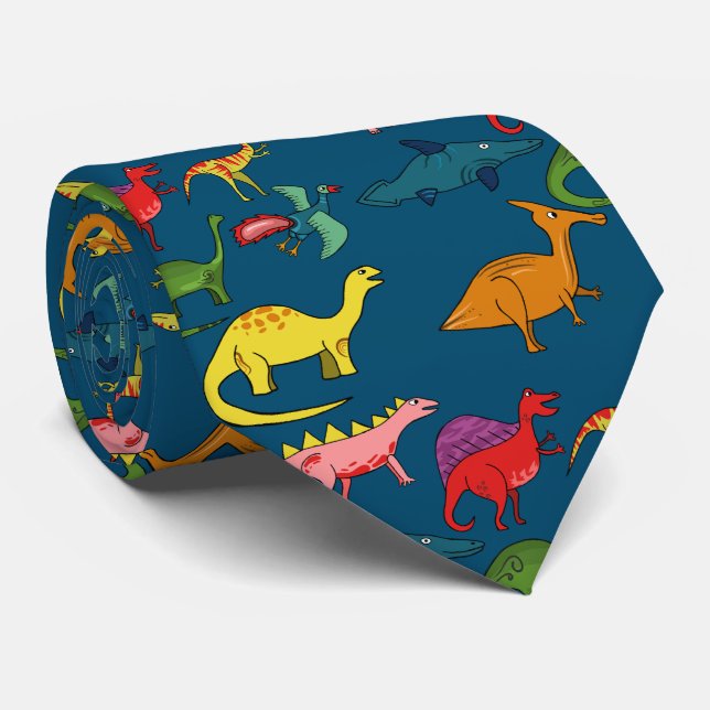 Cravate Dinosaures arc-en-ciel bleu (Roulé)