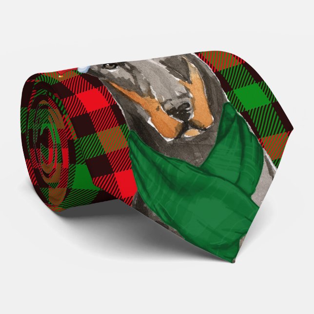 Cravate Doberman Amoureux des chiens et Festive Plaid Noël (Roulé)