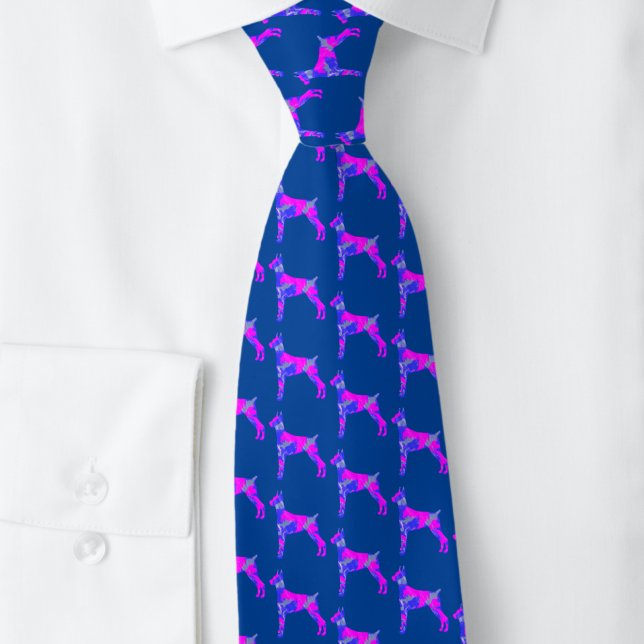 Cravate Doberman Pinscher Chien rose bleu silhouette bleu (Doberman dog silhouette blue and pink pattern on blue tie)