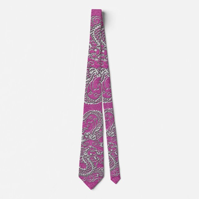 Cravate Dragon d'argent sur la texture en cuir rose magent (Devant)