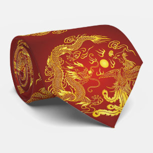 Cravate Dragon Rouge Doré Phénix Cadeau de Mariage Chinois