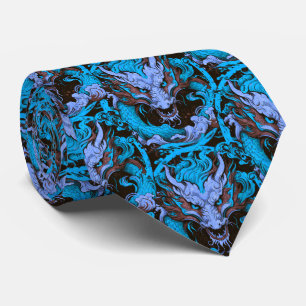 Cravate Dragons d'Asie bleue et Brown