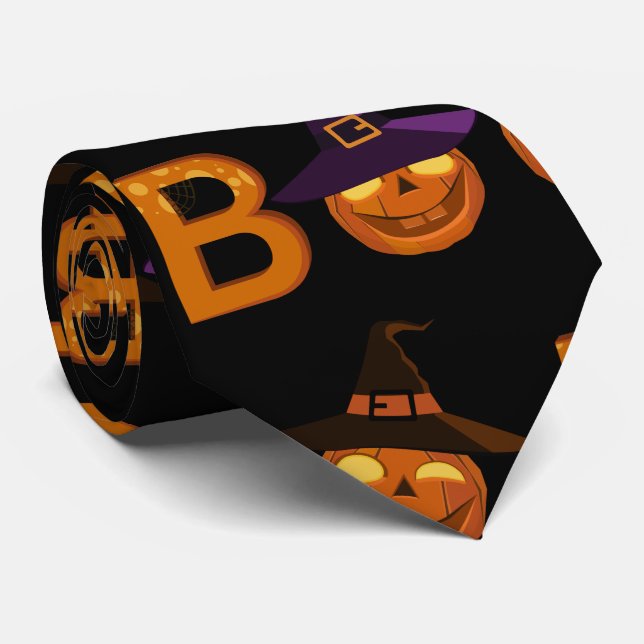 Cravate Drôle Boo Halloween Illustration Citrouille (Roulé)