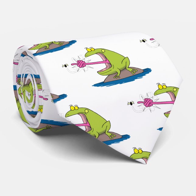Cravate Drôle dessin animé de grenouille et mouche (Roulé)