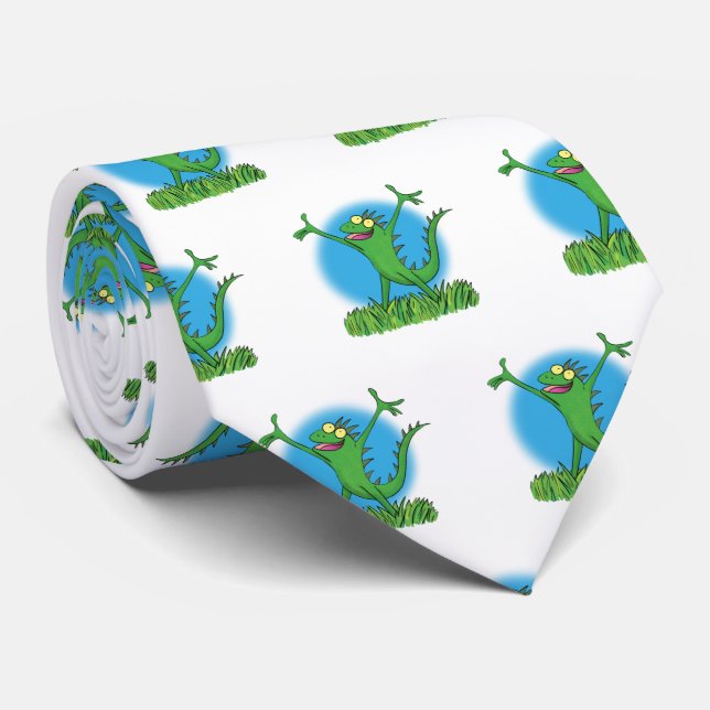 Cravate Drôle vert souriant animé lézard d'iguane (Roulé)