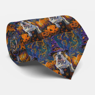 Cravate Éffrayant Bulldog Halloween sorcière et Citrouille
